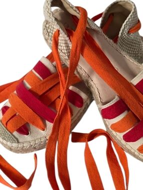 Macarena Spain Ribbon Lace Up Espadrilles Multi Red Orange Boho EU 39 US 8.5